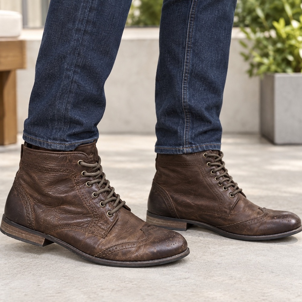 Red Tape Brown Vintage Leather Wingtip Brogue Detail Tie Ankle Boot Size 10